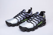 Pair of silver-gray Nike TN-9 sneakers with black laces and green accents.