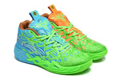 Blue and orange mismatched Puma sneakers shown together at a three-quarter angle.