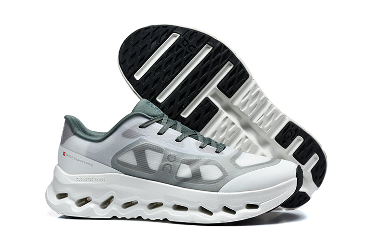 White and gray On sneakers shown from the side and underside