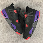 Top view of the pair showing black uppers, mesh panels, purple midsoles, and red accents.