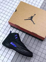 Black and purple sneaker displayed beside a Jordan-branded shoebox.