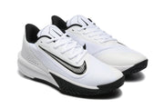 Angled view of the white and black Nike basketball shoe pair