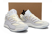 Pair of white and silver Nike KD 18 sneakers displayed together.
