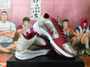 Angled view of burgundy and silver Nike basketball shoes showing side details