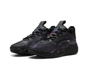 Black Puma MB 4.0 basketball sneakers with subtle multicolor detailing and a black outsole.