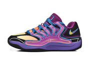 Side profile of a purple Nike KD basketball shoe with blue accents and multicolor panels.