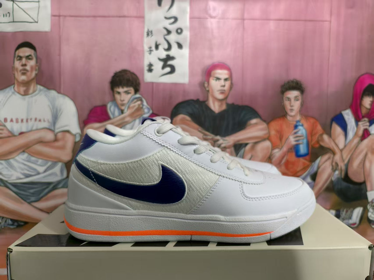 Side view of a white Nike low-top sneaker with a dark purple or navy Swoosh and orange outsole accent, displayed on a shoebox.