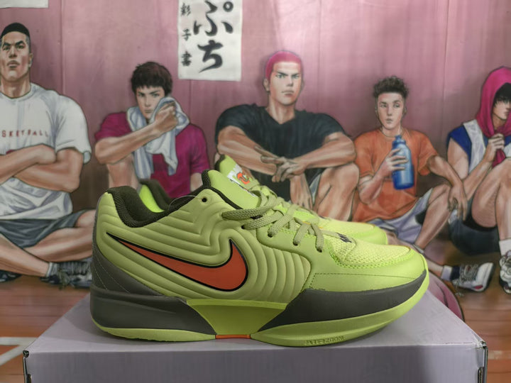 Side view of bright green Nike basketball sneakers with an orange swoosh, dark gray outsole, and Air Zoom lettering.