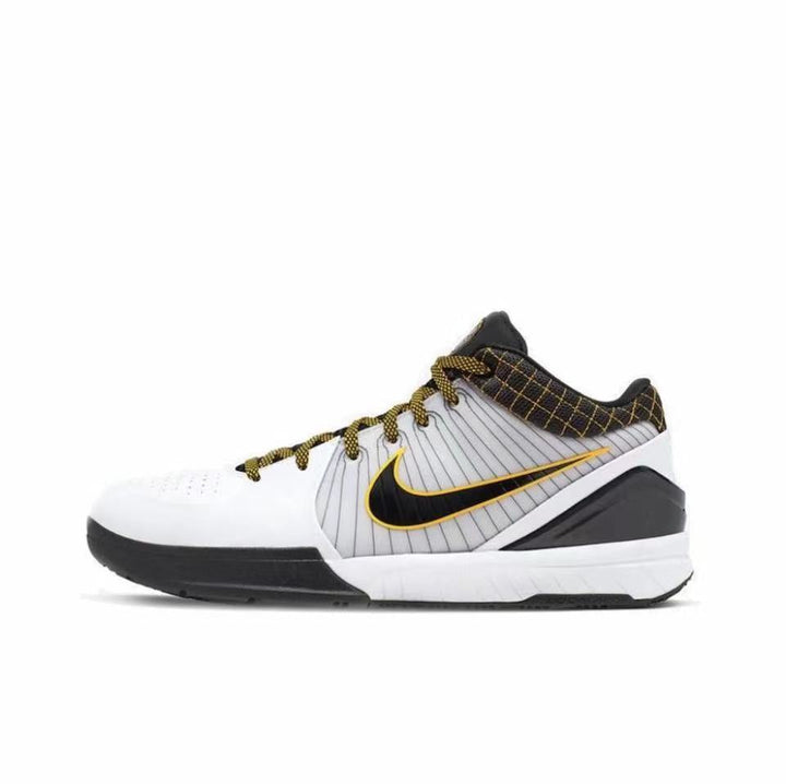 Side profile of a white Nike Kobe 4 sneaker with black and gold accents.