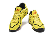 Pair of yellow and black Jordan sneakers shown from the front and three-quarter angles.