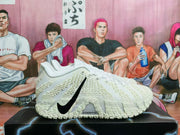 Side profile of a white Nike Zoom basketball shoe with a black Swoosh and patterned outsole.