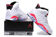 Air Jordan 6 sneakers shown from the sides and on top of the shoebox, highlighting the high-top shape and red accents.