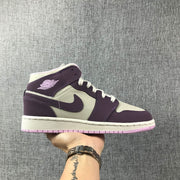 Side profile of a white and deep purple Air Jordan 1 high-top sneaker with a pink outsole.