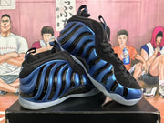 Pair of blue and black high-top sneakers shown at an angle.