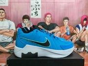 Side view of a blue Nike basketball sneaker with a black Swoosh, white midsole, and black outsole accent.