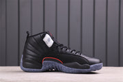 Opposite side view of a black Air Jordan 12 high-top sneaker.