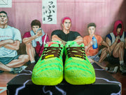 Front view of neon green Nike basketball sneakers with dark brown laces and a translucent lime outsole.