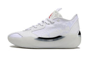 Side profile of a white Jordan low-top sneaker with dark sole accents.