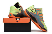 Lime and orange Nike KD 18 sneakers arranged with a shoebox.