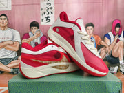 White and red Anta KT 10 basketball shoes shown together from the side