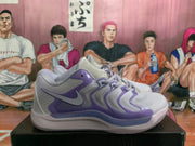 Lateral side view of a lavender and white Nike basketball sneaker with a visible swoosh, purple overlays, perforated heel panel, and textured outsole.