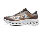 Side view of a brown and gray On Cloudtilt Remix sneaker