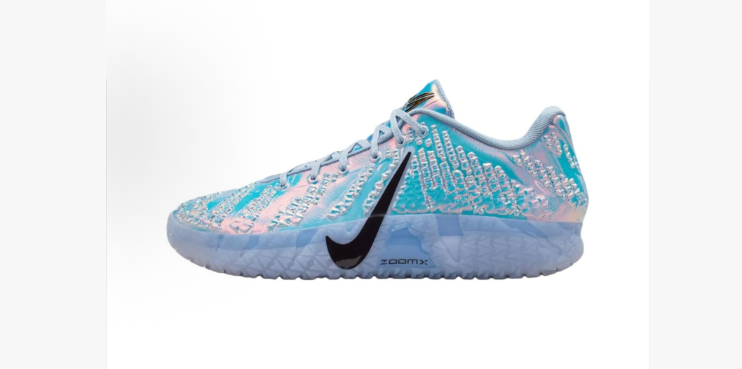 Side view of glacier blue Nike sneakers with an iridescent textured upper, black Swoosh and translucent textured sole.