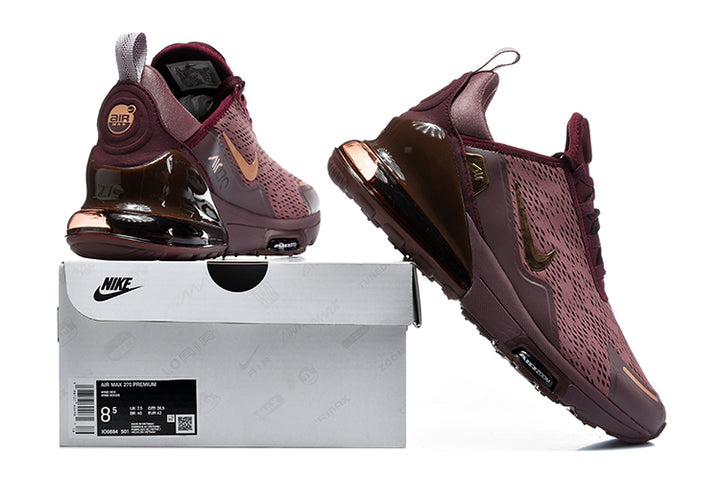 Burgundy Nike Air Max 270 Premium sneakers shown with a shoe box; the box label displays size 8.5.
