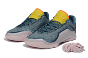Pair of blue, pale pink and yellow Nike LeBron 23 basketball shoes shown from the front.