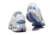 Rear and outsole views of the white Nike Air Max DN sneakers with blue details.