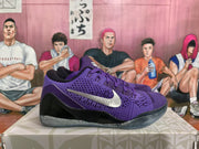 Side profile of a purple Nike basketball sneaker with a metallic Swoosh, black support panels, and a speckled outsole.