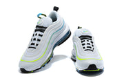 Pair of white Nike Air Max 97 sneakers shown from front and three-quarter angles