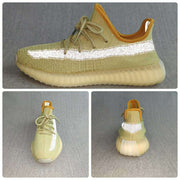 Composite view showing the sneaker's side, front, and rear angles, including the reflective stripe and translucent outsole.