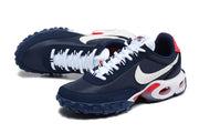 Pair of navy Nike Air Max Waffle SP sneakers shown from an angled top view.