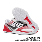 White Sabrina 3 basketball shoes with red accents and black Swoosh, shown with the patterned outsole; caption gives style code 8826-13 and sizes 36–46.
