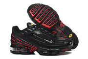 Black and red Nike Air Max Plus III sneakers shown from the side and outsole.