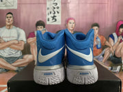 Rear view of a pair of blue Nike basketball sneakers showing white Swoosh branding and Zoom markings on the heels.
