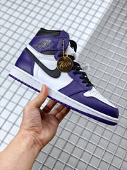 Side view showing the high-top collar, purple overlays, white panels, and gold hangtag.