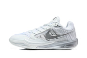 Side view of a white and silver Nike LeBron basketball shoe