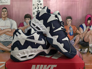 Pair of navy and white Nike sneakers shown from the side