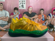 Profile view highlighting the layered yellow panels, yellow laces, green midsole, and low-top shape.