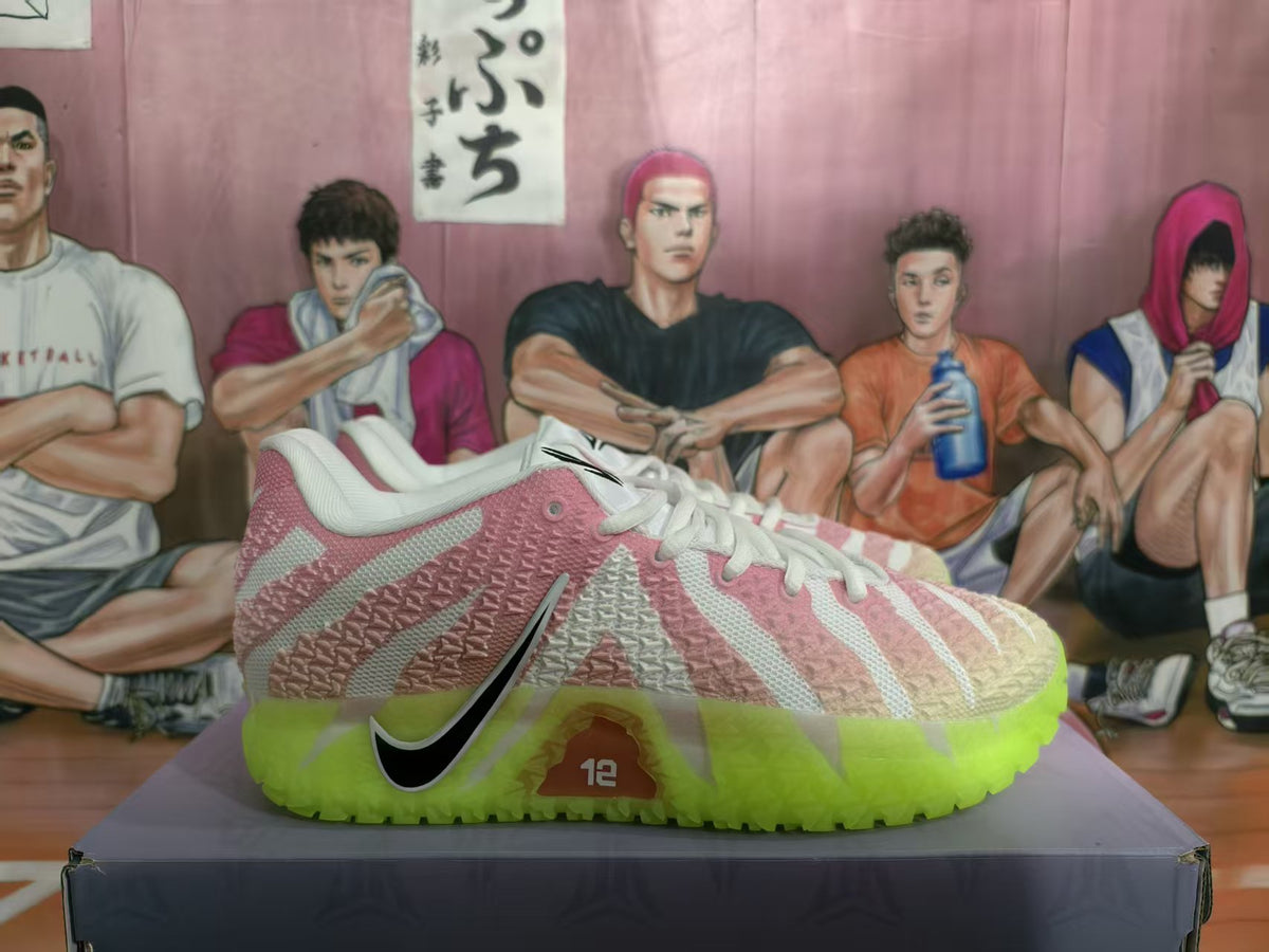 Side view of pink and white Nike Ja 3 basketball shoes with black Swoosh detailing and a bright volt outsole.