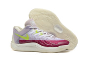 Purple and beige Nike KD 17 basketball shoes with bright lime accents.