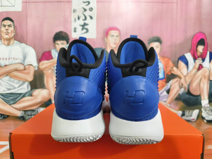 Rear view of blue Nike Hyperdunk shoes with black details and white soles