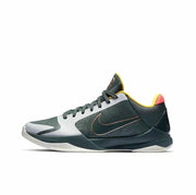 Dark green, white and yellow Kobe 5 basketball sneaker with a bronze-toned side swoosh.