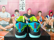 Rear view showing patterned heel panels and pale aqua outsoles