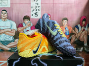 Angled view showing the yellow and blue sneakers, textured uppers, Nike branding, and contrasting laces.