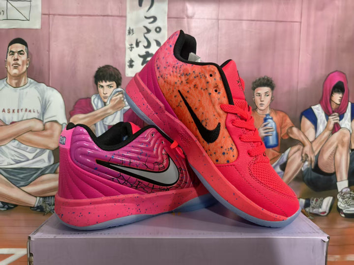 Pink and orange speckled basketball shoes shown from the side