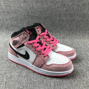 Three-quarter view of the pair showing the mid-top collars, black tongues, pink laces and contrasting panels.