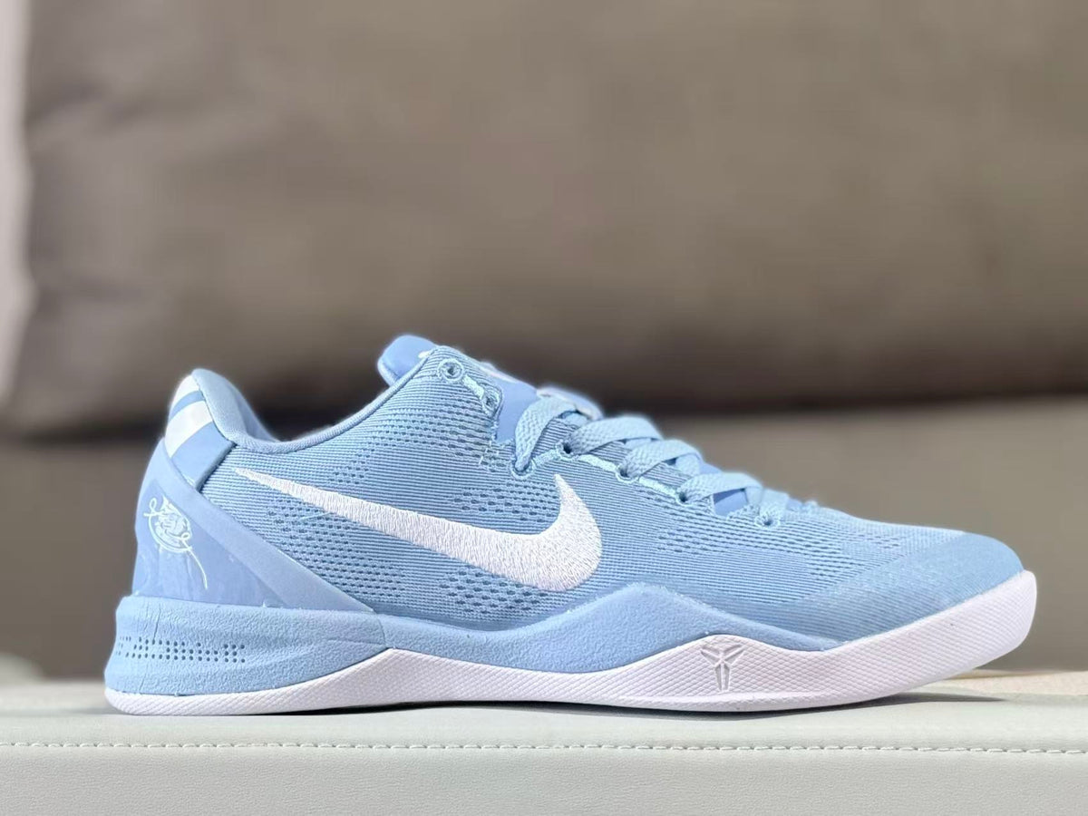 Side view of a light blue and white Nike Kobe 8 basketball shoe